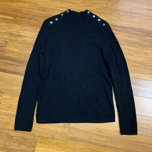 Talbots Ribbed Knit Sweater Womens Size‎ Small Black Mock Neck Button Shoulder